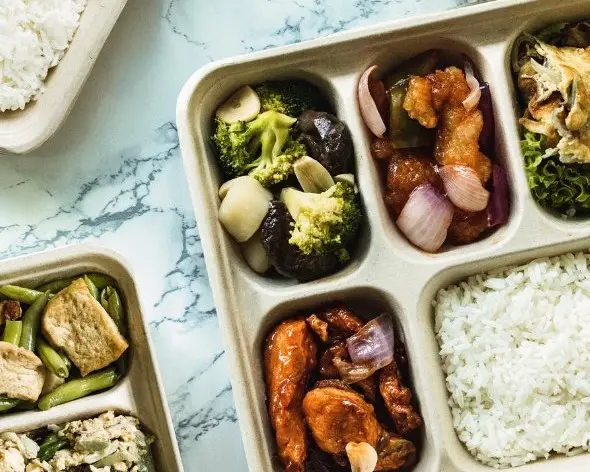 Bento box catering with rice, vegetables and chicken delivered in Singapore