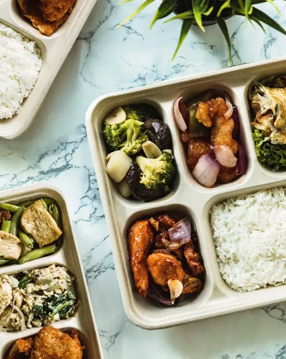Bento box catering with rice, vegetables and chicken delivered in Singapore