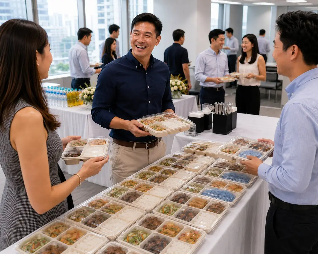 Packed bento boxes laid out for an office lunch in Singapore