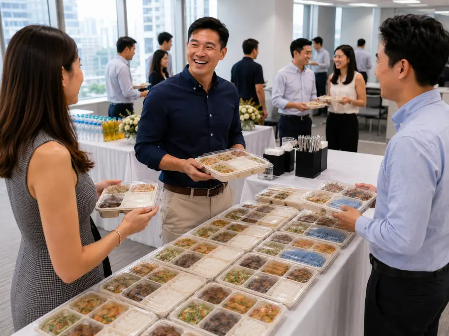 Colleagues collecting packed bento catering meals at an office event in Singapore