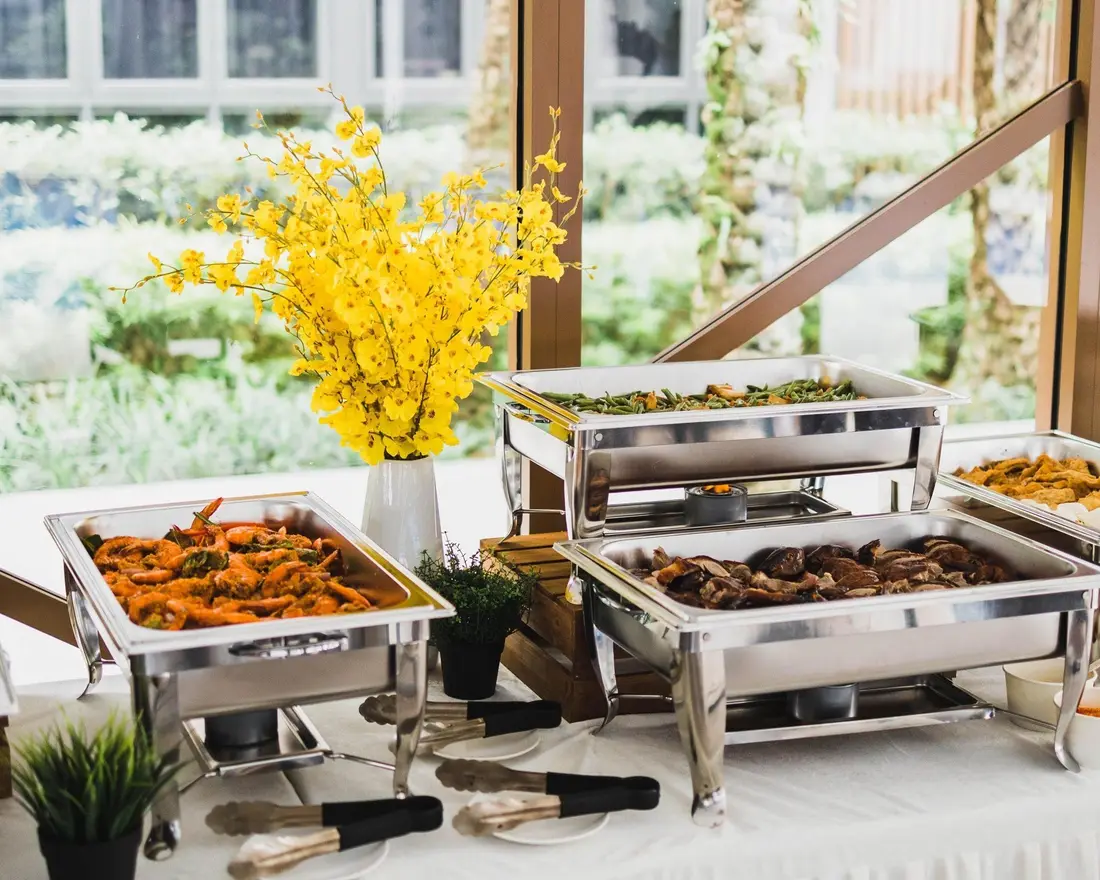 Buffet catering line with chafing dishes for 50 people in Singapore