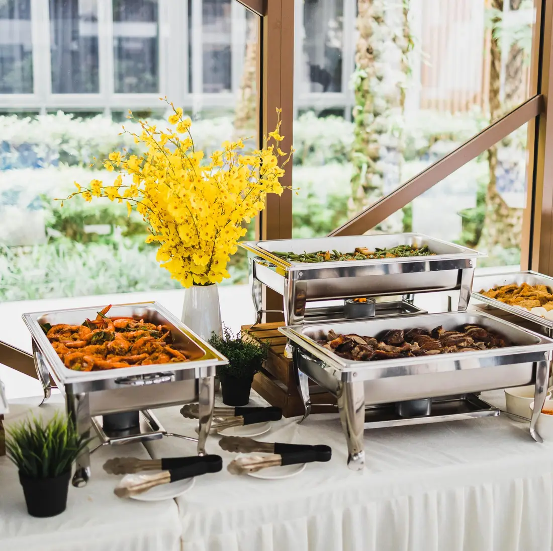 Buffet catering line with chafing dishes for 50 people in Singapore