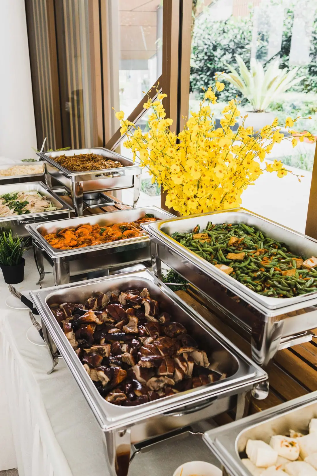 Affordable halal buffet catering line with chafing dishes in Singapore