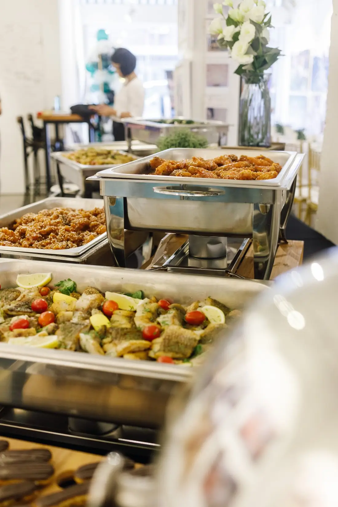 Buffet catering setup with chafing warmers for 30 people in Singapore