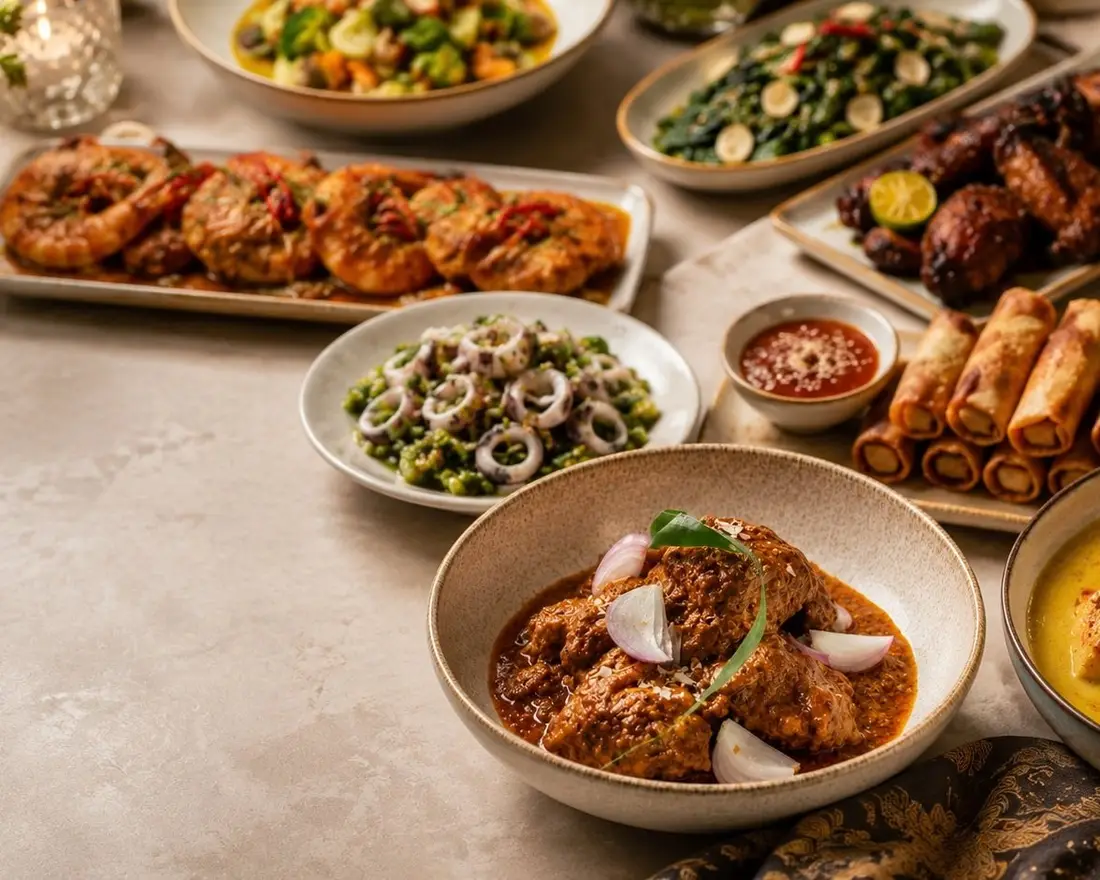 Catering spread with roast meat, salad and sides for a Western mini buffet in Singapore
