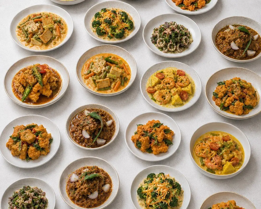 Rows of small bowls of food laid out for a morning catering spread in a Singapore office