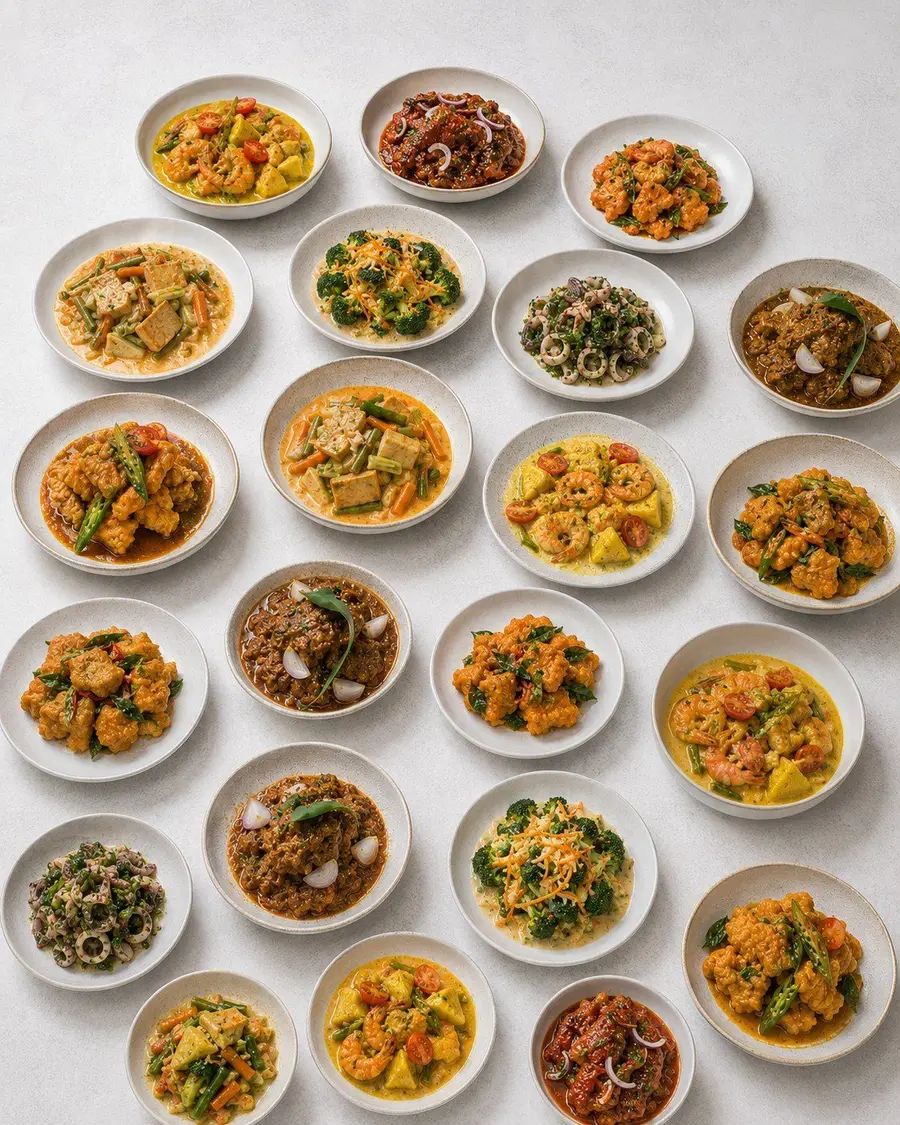 Catering menu spread of local favourite dishes served in porcelain bowls in Singapore