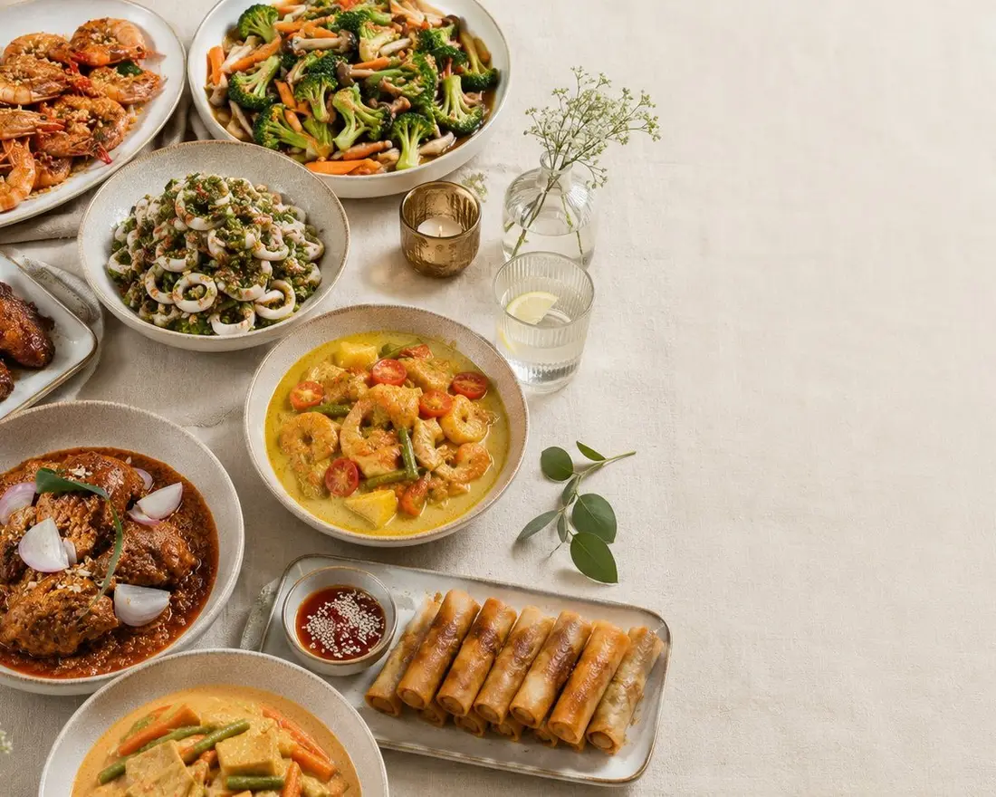 Catering spread set out for a group of twenty at an afternoon event in Singapore
