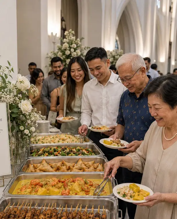 Churchgoers serving themselves at a fellowship lunch buffet catered in Singapore