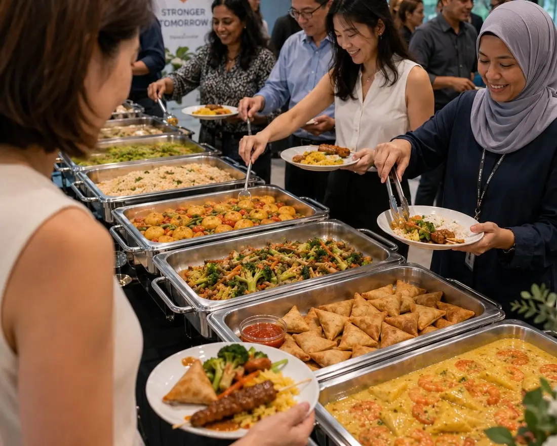 Large buffet catering set up for 150 people at an event in Singapore