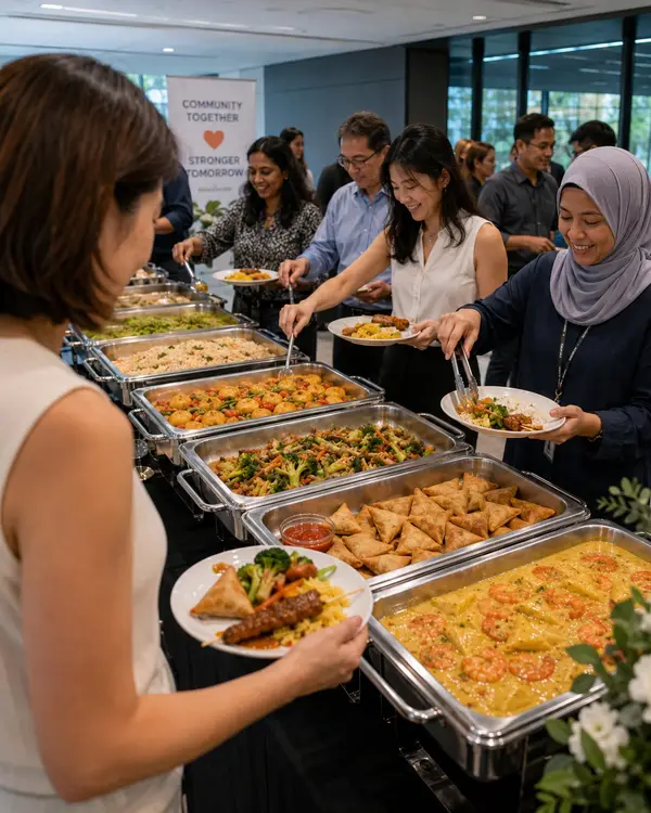 Colleagues at a company event buffet catering line in a Singapore office
