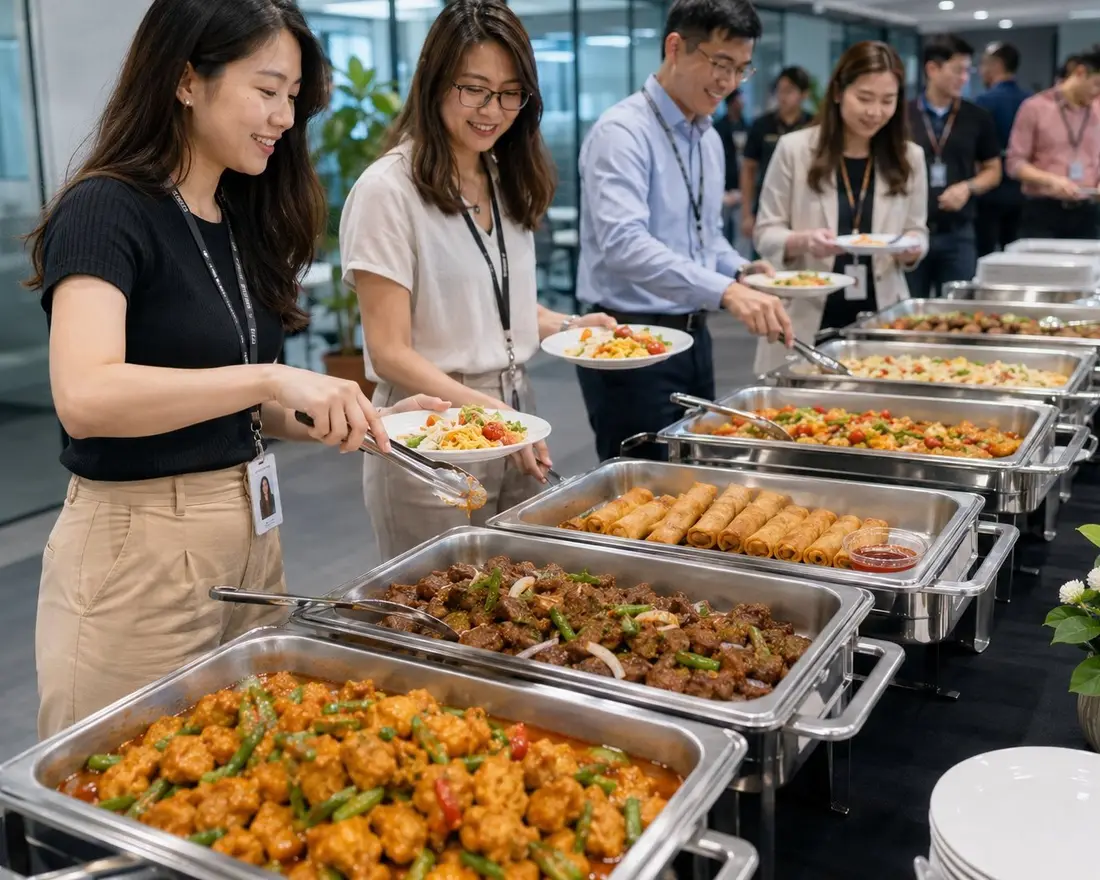 Colleagues serving themselves from a corporate buffet catering line in a Singapore office