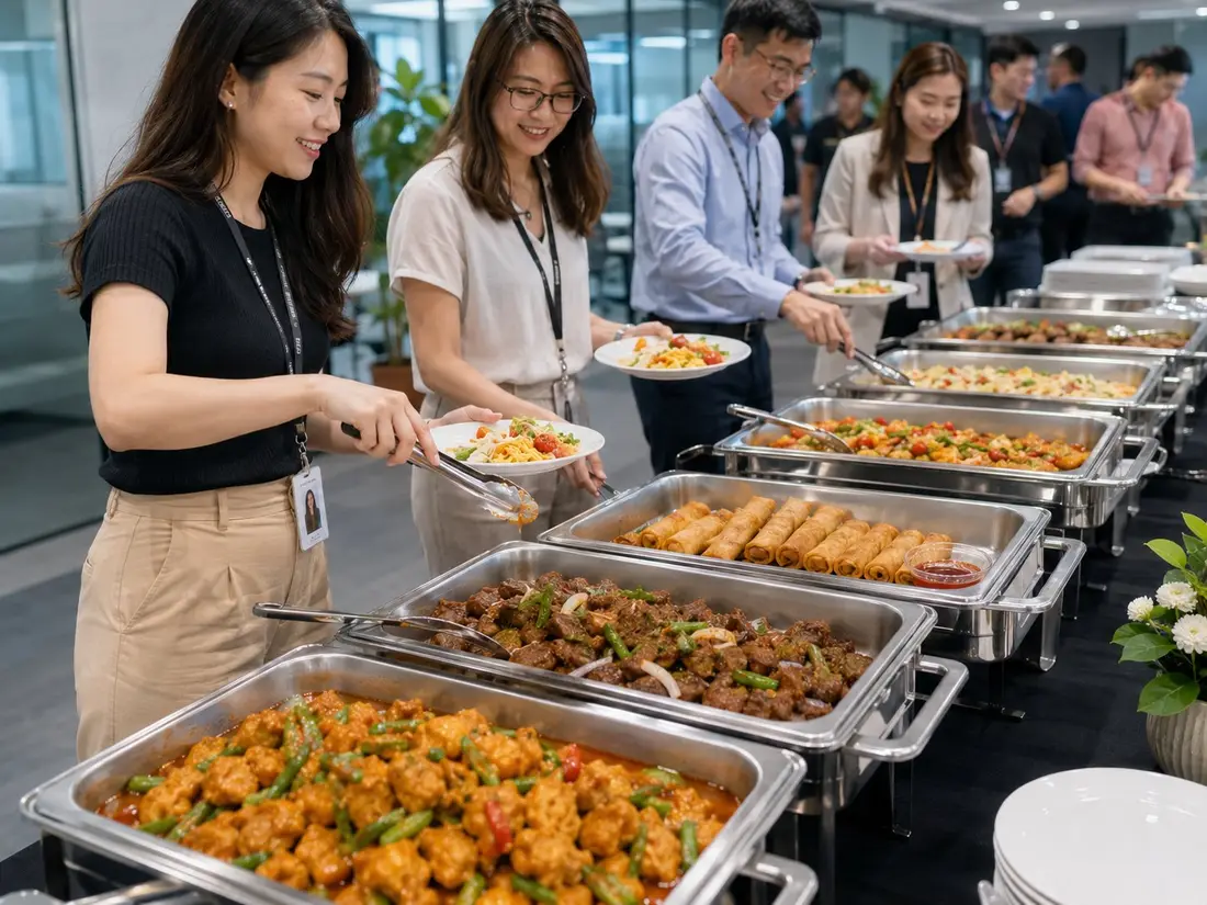 Colleagues serving themselves from a corporate buffet catering line in a Singapore office