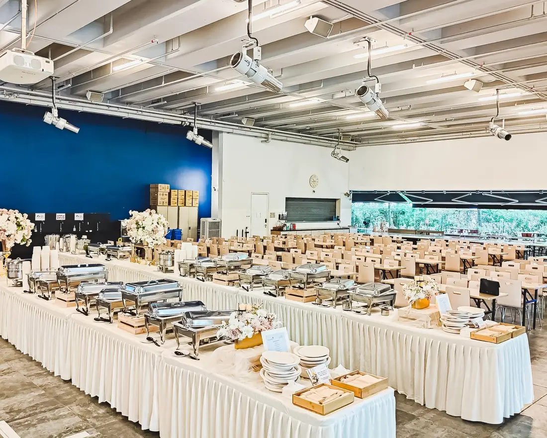Buffet catering set up for 100 people at a corporate event in Singapore