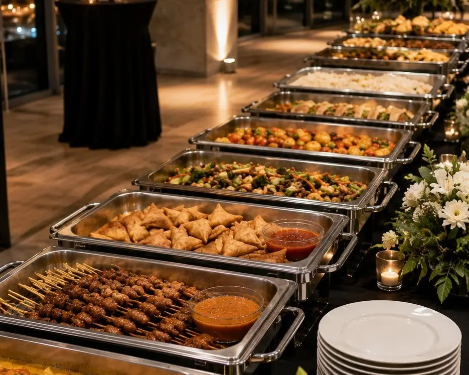 Evening buffet line with florals set up for a company annual dinner in Singapore