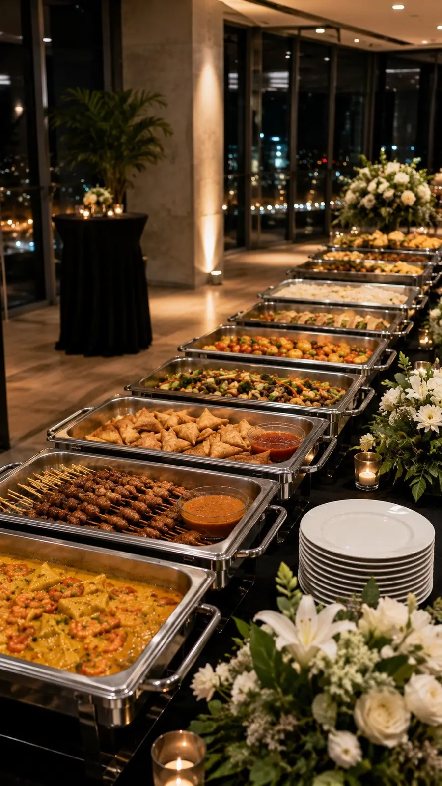 Evening wedding buffet catering line with candles and white floral arrangements in Singapore