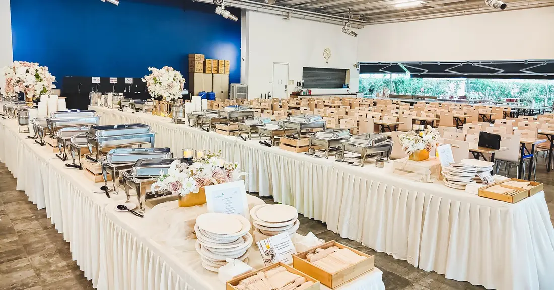 Large buffet catering line set up for two hundred guests in Singapore