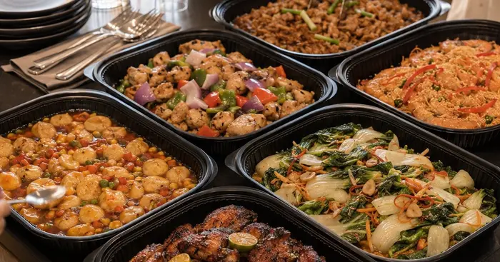 Mini buffet catering trays of local dishes set up for a small group in Singapore