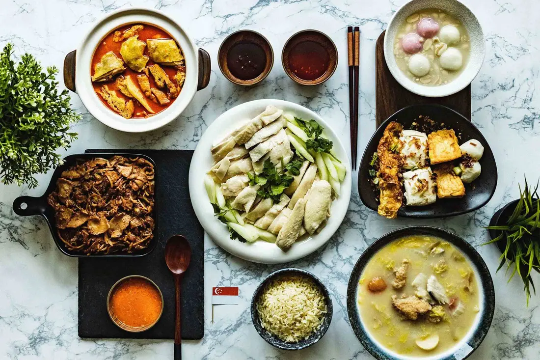 Hawker favourites catering set laid out for a party in Singapore