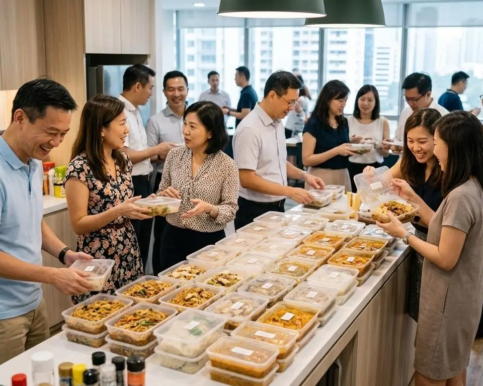 Staff collecting daily Cloud Canteen meals delivered to an office pantry in Singapore