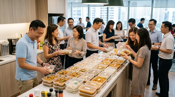 Staff collecting daily Cloud Canteen meals delivered to an office pantry in Singapore